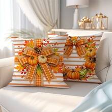 MEMNUN 2 Stück Herbst Orange & Weiß gestreiftes Karomuster Schleife Kürbis Muster Kissenbezüge [Ohne Füllung], 45*45cm, [Einseitiger Muster] Doppelschicht Karomuster Schleife Kiefernzapfen Ahornblatt Ernte Thanksgiving Sofa Kissenbezüge Herbst Dekoration, Raum Dekoration, Heim Dekoration, Schlafzimmer Dekoration, Raum Dekoration Zubehör für Sofa, Bett, Wohnzimmer, Schlafzimmer, Auto, Büro, Hotel Dekoration Zierkissenbezüge Ganzjährig Universell Perfektes Geschenk für Familie und Freunde - Verschiedenfarbig - Übersicht 5