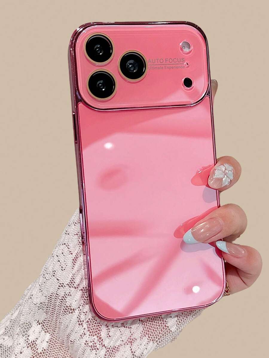 Luxury Electroplated Glossy Phone Case Compatible With IPhone 17 Pro Max 16 15 14 13 12 11 Pro Max Minimalist Solid Color Glass-Like Lens Protection Shockproof Hard Back Shell - Hot Pink - View 1