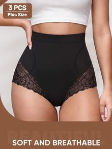 3pcs Plus Size Women's High Waist Panties, Lace Patchwork Hollow Out, Elegant Breathable, Shaping Butt Lift Tummy Control - Multicolor - View 6