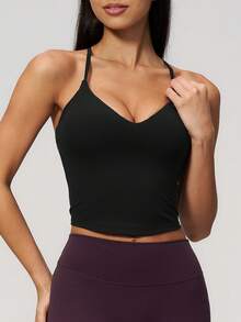 NcmRyu Women's 1pc Solid Color Adjustable Thin Criss-Cross Back Strap V-Neck Waist-Exposing Camisole - Black - View 6