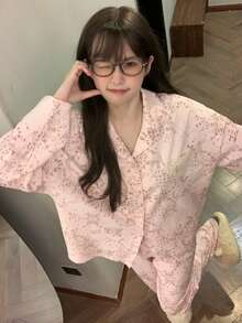 2 peças/Conjunto Pijama Feminino, Conjunto de Roupa de Descanso, Cardigan Confortável com Gola Lapela, Estampa Assimétrica do Oriente Médio, Manga Longa, Calça Longa, Adequado para Todas as Estações - Rosa chiclete - Visão 3