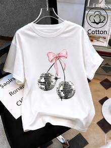 Disco Cherry Print, Women's Crew-Neck Oversized T-Shirt, Summer Holidays, Travel And The Beach, Casual, Sporty And Elegant - White - View 1