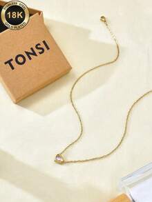 TONSI 1pc 18K Gold Plated Stainless Steel Heart Pendant Necklace, Low Allergy Zirconia Inlaid Choker Necklace, Suitable For Women's Daily, Commute, Holiday, Party Wear, Gift For Friends, Colleagues, Lovers, Valentine's Day - Gold - View 1