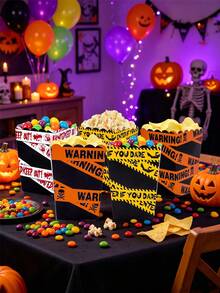 10pcs/30pcs/60pcs Halloween Party Caution Tape Popcorn Boxes: Disposable Popcorn Containers Printed With Bat, Bloody Handprint, Bloody Hand And Zombie Patterns, Suitable For Halloween Party, Haunted House And Day Of The Dead Celebrations - Multicolor - View 4