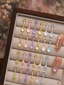 10-50件可愛迷你餐具造型美甲飾品 彩色合金湯匙叉子美甲裝飾 - 彩色 - 查看 1