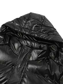 Men's Winter Solid Color Minimalist Detachable Hooded Shiny Leather Mid-Length Padded Coat - Black - View 4