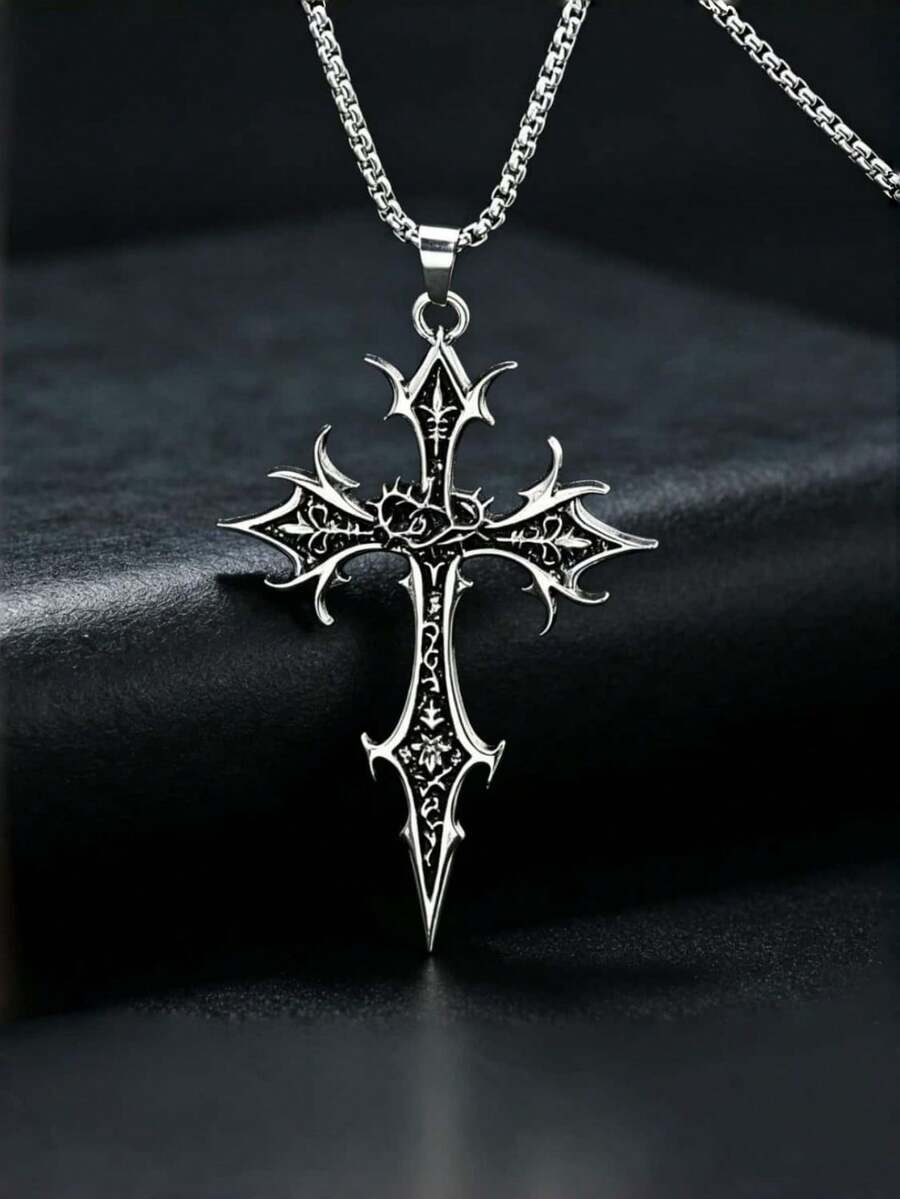 1pc Thorn Pattern Cross Necklace, Valentine's Day, Sweet & Cool Women's Jewelry - Multicolor - View 1