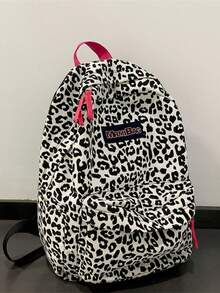 Nylon Backpack, Black And White Leopard Print, Pink Zipper And Logo Patch, Multi-Pocket Large Capacity School Bag, Y2K Style, Suitable For Teenage Girls Daily Campus Outings - Black and White - View 8