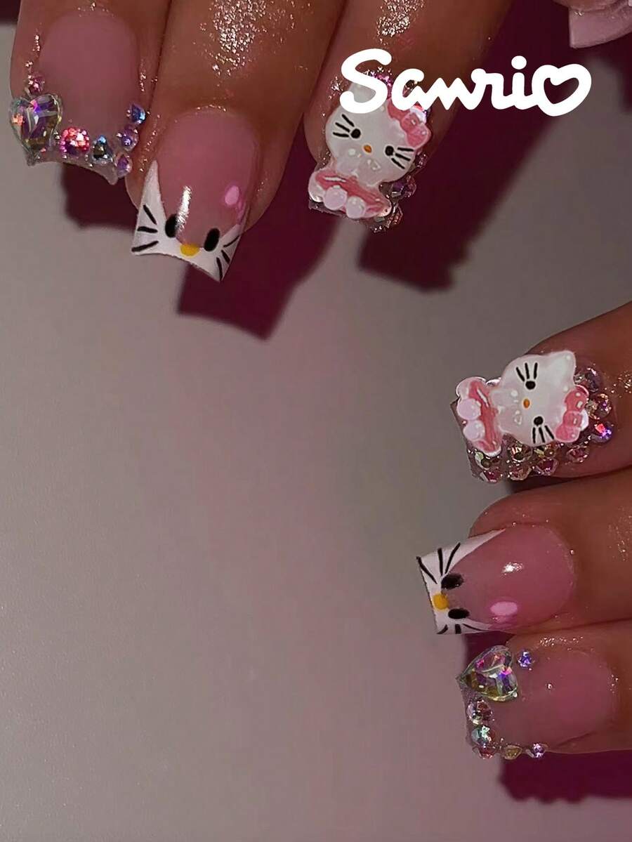 Sanrio Hello Kitty 24片短方型3D凝膠法式指尖穿戴甲-可愛3D Hello Kitty、水鑽與愛心設計,適合壓克力假指甲套組,含1瓶果凍膠與1個指甲锉,適合女孩日常、派對與聚會使用 - 彩色 - 查看 1