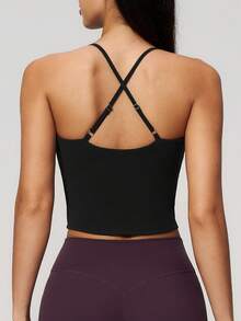 NcmRyu Women's 1pc Solid Color Adjustable Thin Criss-Cross Back Strap V-Neck Waist-Exposing Camisole - Black - View 10
