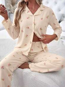 Nina Bonheur 2pcs Set Piyama Wanita Longgar Nyaman Bernapas Atasan Lengan Panjang dan Celana Panjang - Aprikot - View 5