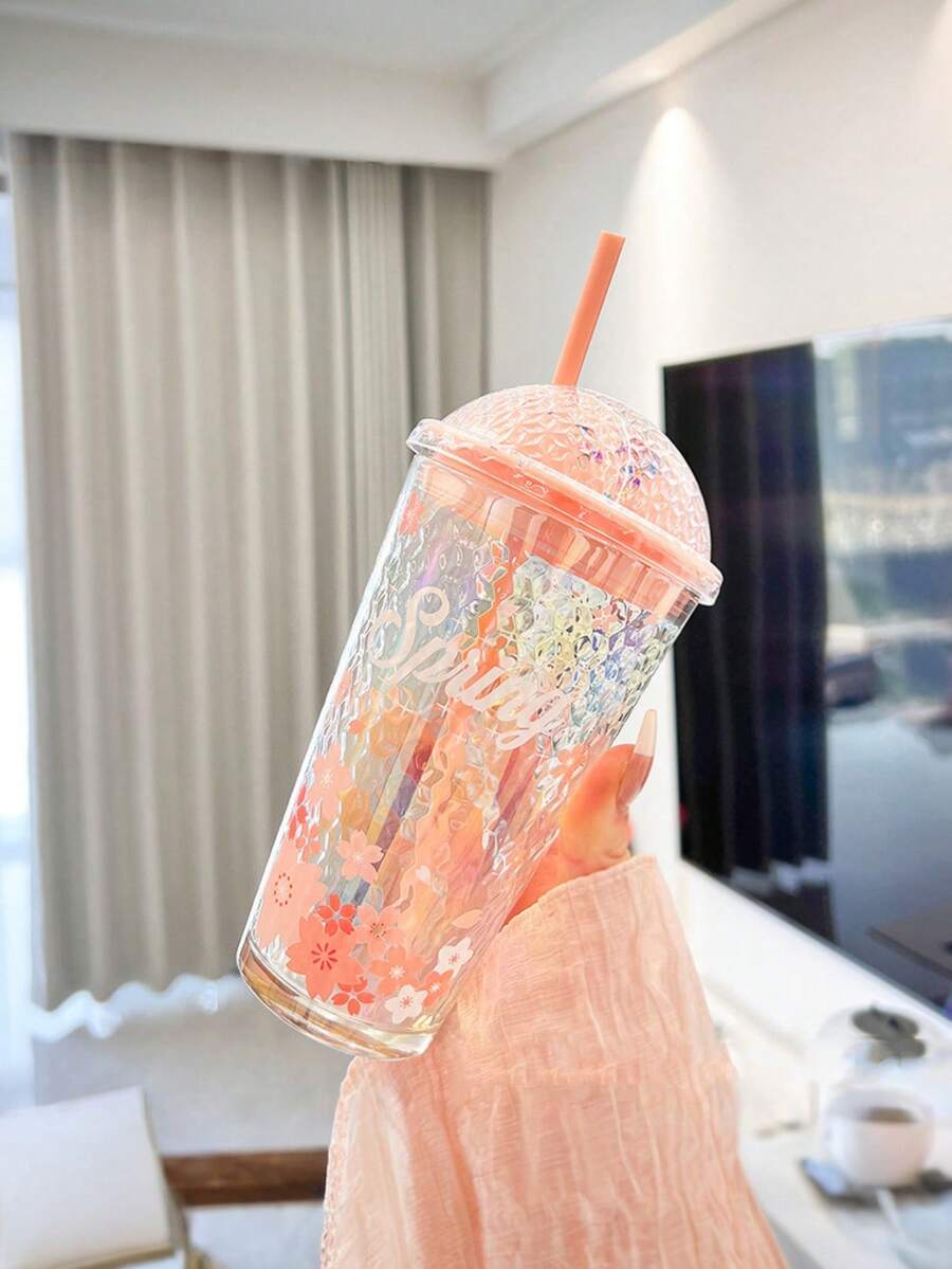 櫻花玻璃水杯，可重複使用果汁杯，附吸管與蓋子的冰咖啡杯，送給女性、朋友、姊妹、女友的完美禮物，母親節、生日與派對的理想禮物，夏季補水
