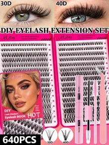 MEM 640/576/416 Stück D-Curl Kunstnerz Cluster Wimpern, 9-16mm gemischte Länge, dick, flauschig, leicht, wiederverwendbar, DIY Einzelwimpern für alle Make-up-Stile, optional Kleber, Entferner & Pinzette, kostengünstiges Anfänger-Wimpern-Set für alle Anlässe - Schwarz - Übersicht 3