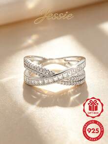 Jessie Jewelry 1件優雅閃耀獨特925純銀立方鋯石雙石十字X型設計女戒，約會魅力禮物 - 銀色 - 查看 1