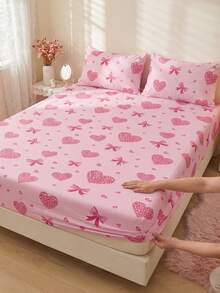 1pc Fitted Sheet, Dorm Bedding, Romantic Bow Knot Mattress Protector, Bed Cover, Cozy Room Decor, Back To School, Lightweight Skin-Friendly Breathable, Ultra Soft Anti-Pilling, Fits Twin/Full/King/Queen, All Season, Pillowcase Not Included, Machine Washable - Multicolor - View 2