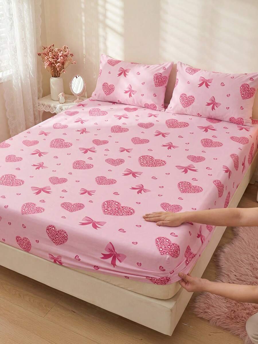 1pc Fitted Sheet, Dorm Bedding, Romantic Bow Knot Mattress Protector, Bed Cover, Cozy Room Decor, Back To School, Lightweight Skin-Friendly Breathable, Ultra Soft Anti-Pilling, Fits Twin/Full/King/Queen, All Season, Pillowcase Not Included, Machine Washable