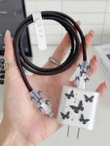 5pcs Painted Black Butterfly Design Phone Charger Set, Compatible With IPhone 18W/20W Charger, Charging Cable Protector, Charging Head Protector, Charger Accessories, Anti-Dirt, Prevent Cable Ends From Breaking - Black - View 11