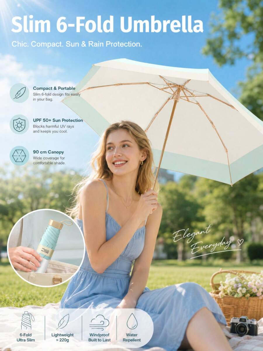 1pc 5-Fold Compact Umbrella, Dual Rain & Sun Use, Ultra-Light Pocket Parasol For Men Women, Gift For Mother's Day, Travel & Outdoor - Multicolor - View 1