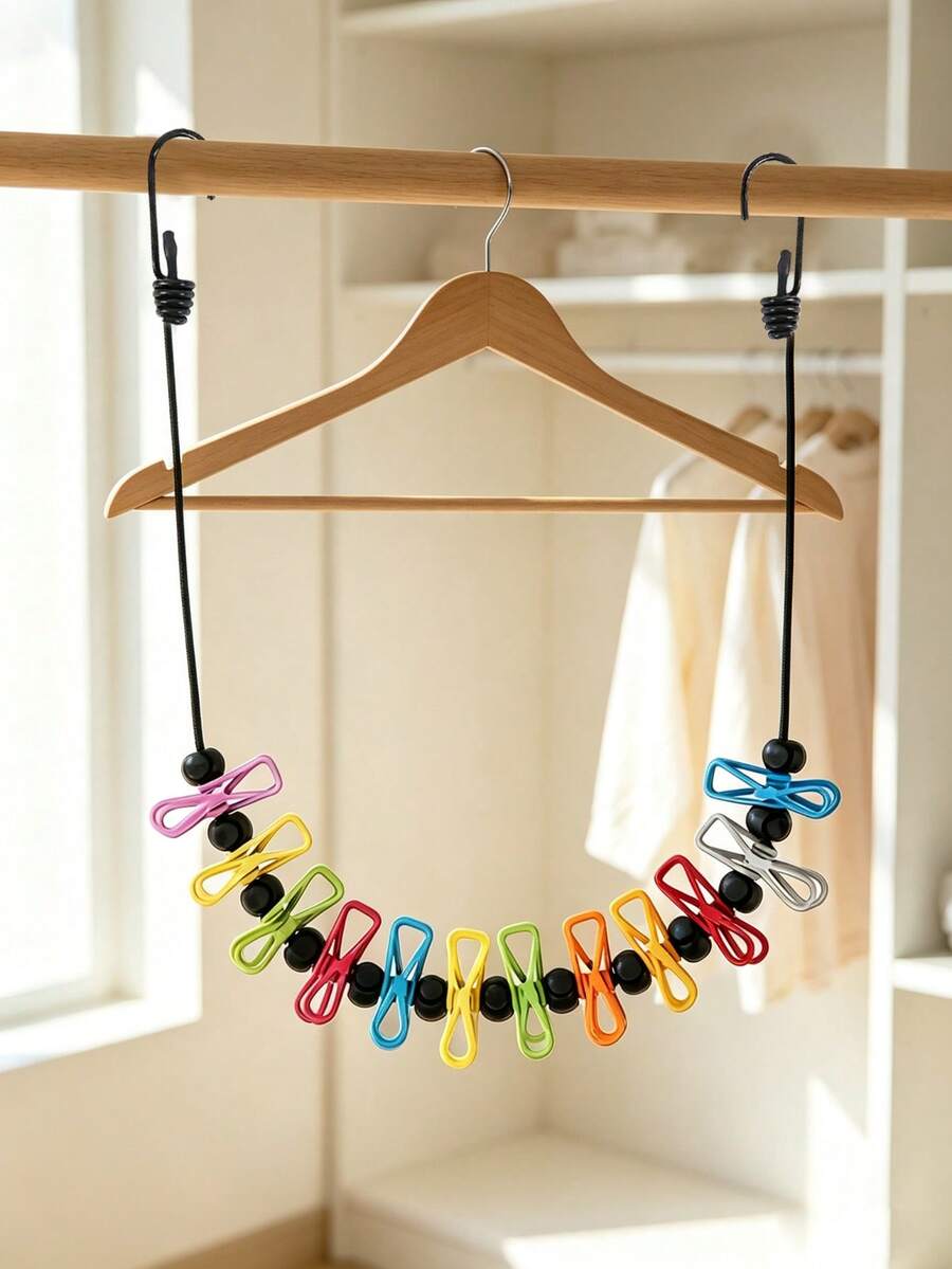 1pc Retractable Portable Clothesline Set With 12 Clips, Suitable For Indoor Outdoor Drying, Camping Travel Essential, Laundry Accessories, Home Organization, Compact Storage, Dorm Room