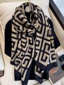 1 Buah Syal/Selendang Motif Geometris Sutra Imitasi - Hitam dan Putih - View 6