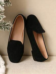 Women's Suede Loafers, Black Square-Toe Slip-On Low Heel Comfort Flats For Office, Work, Daily Wear & Dating - 黑色 - 查看 3