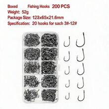 1 Kotak 3#-12# 200 buah Kail Pancing Berlubang Aksesoris Memancing Perlengkapan Luar Ruangan - Hitam - View 7
