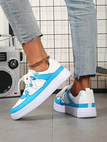 Women's Casual Sports Shoes, Versatile Color Breathable Low-Top Shoes, Skateboard Shoes, Birthday Gift, Holiday Gift, Comfortable Upper Lightweight Lace-Up Round Toe - White and Blue - View 8