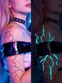 Halloween Cool & Bold Glow-In-The-Dark Lightning Vein Pattern Tattoo Sticker, Waterproof Temporary Tattoo Decal For Arm, Waist, Abdomen, Leg, 1pc/Pack - Multicolor - View 2