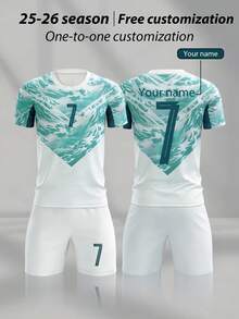 25-26 2pcs/Set White All-Over Print Burnout Boys Soccer Outfit, Personalized Name & Number Customization/Club Hot-Selling Jersey, No.7 Print Sports Player Style, Short Sleeve & Shorts Set, Suitable For Boys & Girls, Sports, Cycling, Outdoor Running, Football, Celebrity Style - White - View 1