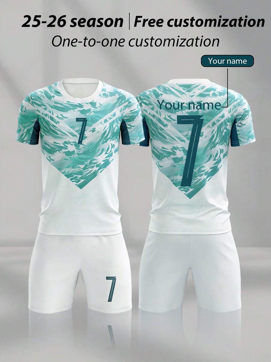 25-26 2pcs/Set White All-Over Print Burnout Boys Soccer Outfit, Personalized Name & Number Customization/Club Hot-Selling Jersey, No.7 Print Sports Player Style, Short Sleeve & Shorts Set, Suitable For Boys & Girls, Sports, Cycling, Outdoor Running, Football, Celebrity Style - White - View 1