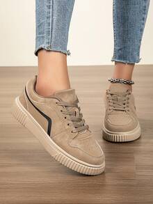 Women's Fashion Casual Low-Top Lace-Up Breathable Colorblock Sneakers, Lightweight Comfortable Skate Shoes - Khaki - View 4