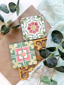 1 Set Patterned Square Design PET Non-Slip Coasters, Home Kitchen Decor Accessories, Cute And Affordable Small Items, Outdoor Garden Supplies, Suitable For Various Holiday Parties, Wedding Accessories, Thanksgiving, Back To School Season Decoration Gifts - PET-1907 - View 7
