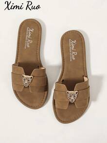Sandali piatti casual da donna stile coreano, sandali romani intrecciati con punta aperta, nuove scarpe slip-on piatte stile francese per primavera estate autunno, adatte per uso all'aperto, spiaggia, appartamento, da abbinare con gonne - Castano - Visualizzare 1