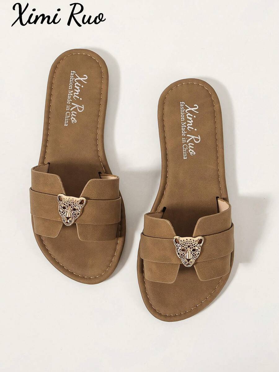 Sandali piatti casual da donna stile coreano, sandali romani intrecciati con punta aperta, nuove scarpe slip-on piatte stile francese per primavera estate autunno, adatte per uso all'aperto, spiaggia, appartamento, da abbinare con gonne - Castano - Visualizzare 1