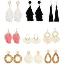 Boho Tassel Rattan Woven Earrings, White Black Pink Fringe Drop Dangle Earrings, Circle Teardrop Square Wicker Statement Jewelry For Women Beach Party - Multicolor - View 8