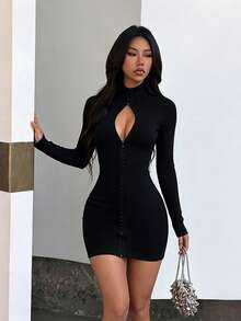 1pc Polka Dot Elegant Casual Sexy Party Knit Drawstring Dress For Wedding, Beach, Vacation, Back To School, Bachelorette Party, Spring/Summer - Black - View 2