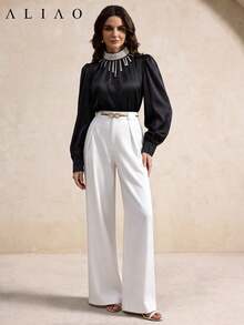 ALIAO Women's Black Solid Color Glossy Vintage French Style 3D Pearl Collar Satin Blouse, Elegant Fashion Urban Style, Versatile Long Sleeve Top For Daily Commute, Back To School, Office, And Street Wear - Black - View 6