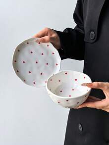 1Set Cute Red Heart Ceramic Bowl & Plate Set, Wavy Edge Porcelain Dessert Bowl, Atmospheric Fruit Salad Soup Bowl, Breakfast Tabletop Decor Gift - Multicolor - View 7