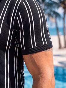 Men's Contrast Color Vertical Striped Knit Polo Short Sleeve - Casual Commute Versatile Top - Black - View 4