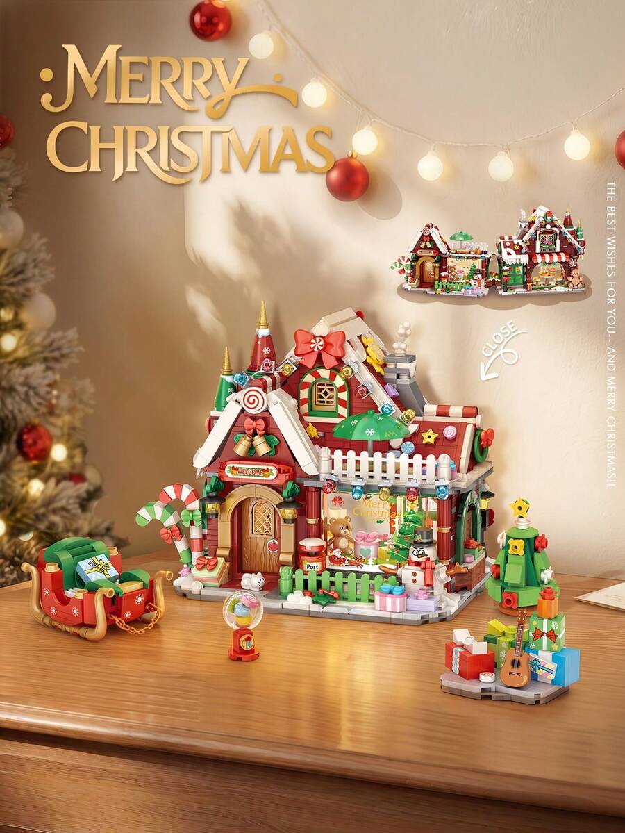 LOZ 1825pcs Small Particle Building Blocks, Foldable Christmas House Building Blocks, Assembly Building Block Set, Birthday Gift, Christmas Gift, Activity Party Gift - Red - View 1