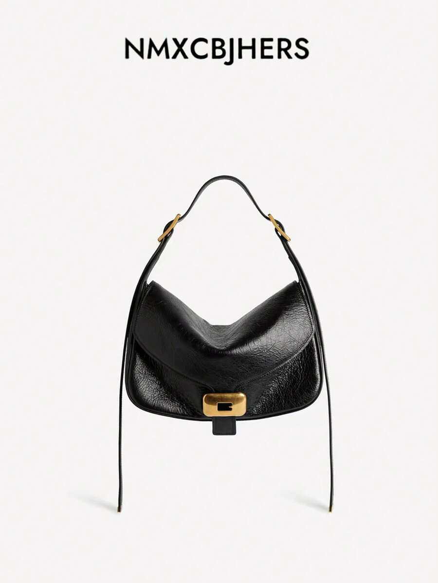 Women's New Vintage Underarm Bag, Thin Adjustable Long Strap Shoulder Bag, Minimalist Square Buckle Flap Bag, Versatile Crossbody Bag For Commute And Travel - Black - View 1