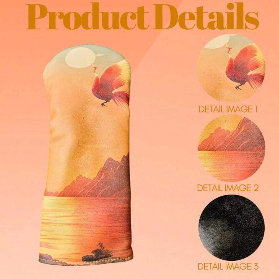 New Chinese Style Oriental Artistic Golf Club Head Cover, Club Protection Sleeve, Sun-Chasing Crane Landscape Sunset Full Print Pattern, Wear-Resistant PU Leather Driver Protector - Coral Orange - View 1