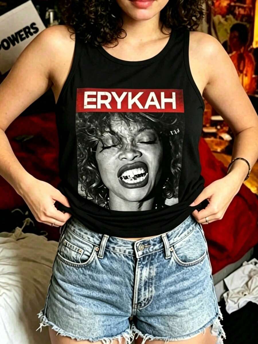 Women's Erykah Badu Print Tank Top, Retro Soul Sleeveless Tops, Western Outfits For Women, Black Tops, Summer Tops - 黑色 - 查看 1