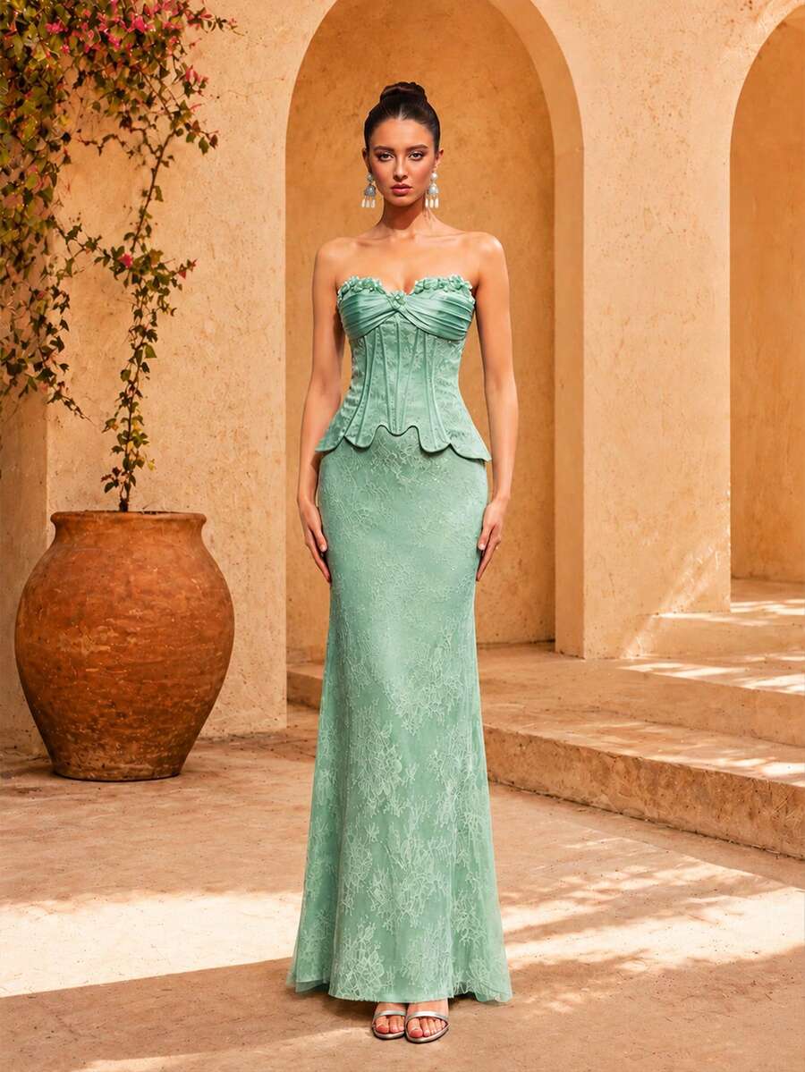 VIPGIRL Elegant Mint Green Strapless Long Formal Dress, Sleeveless Fitted Evening Dress Wedding - Mint Green - View 1