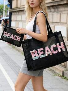 Bolsa de playa de malla con patrón de letras de strass, bolsa de maquillaje transparente portátil estilo hawaiano, bolsa de almacenamiento de lápiz labial, polvo, cuidado de la piel y artículos de tocador, esencial multifuncional para viajes, cruceros y dormitorios, bolsa de playa ligera de verano para mujeres, regalo ideal para bodas, damas de honor, Día de la Madre y cumpleaños para amigos, familia y maestros, bolsa de almacenamiento para joyas, esmalte de uñas y brillo labial en el hogar, baño y dormitorio - Multicolor - Ver 7