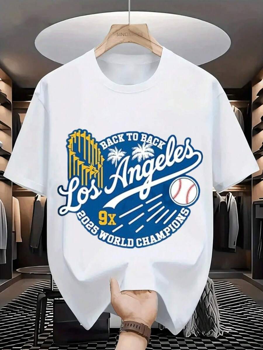 T-shirt de baseball confortable pour homme, grande taille, Los Angeles, champions du monde neuf fois - Blanc - Voir 1