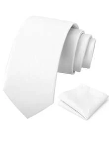 1 Set Men's Tie Set, Solid Color Classic Formal Tie And Pocket Square Set - White - View 2
