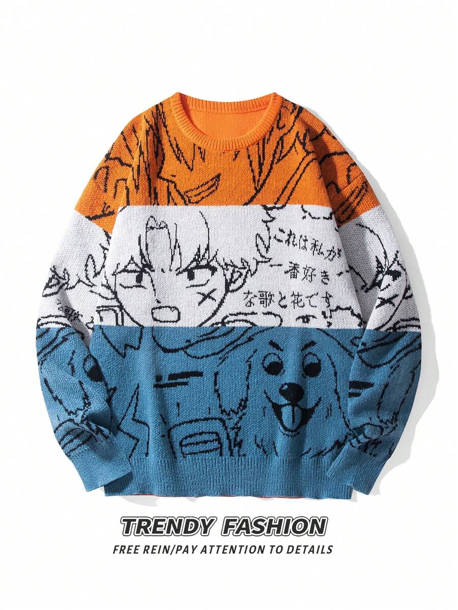Men's Colorblock Anime Cartoon Intarsia Knit Crew Neck Loose Streetwear Pullover Sweater - Orange - View 1