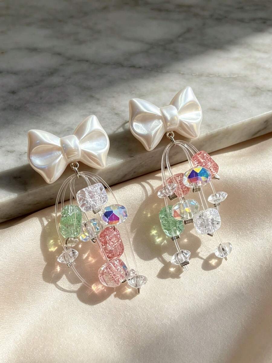 JOJELOO 1PC Elegant Vacation Style Dopamine Colorful Crystal Beaded Tassel Bow Earrings, Sweet Women's Daily Date Jewelry Accessory - Silver - View 1