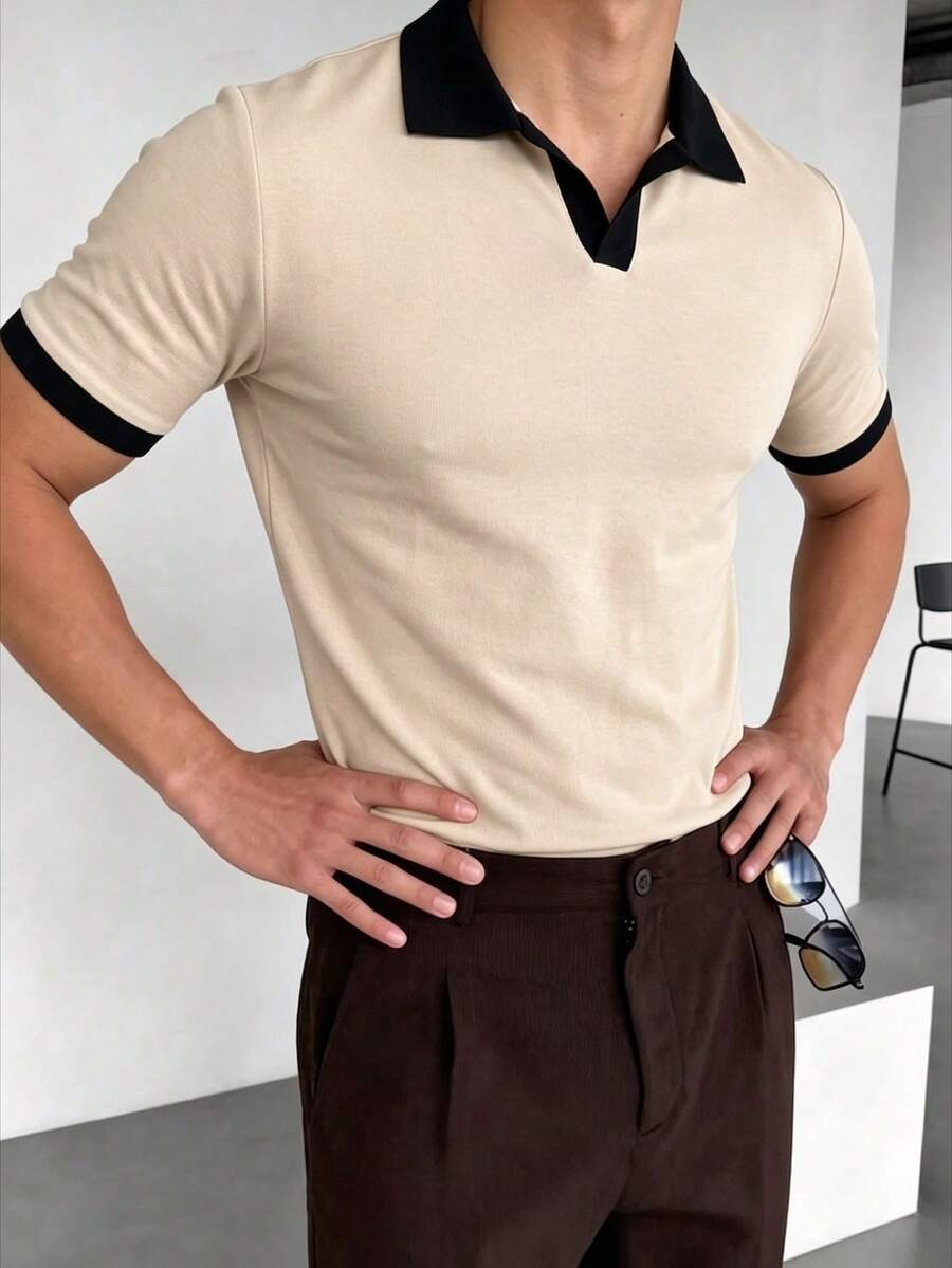 ZYNTH BALENO Men's Summer Fashion Patchwork Slim Fit Regular Shoulder Airplane Collar Short Sleeve T-Shirt, Essential For Summer Sports